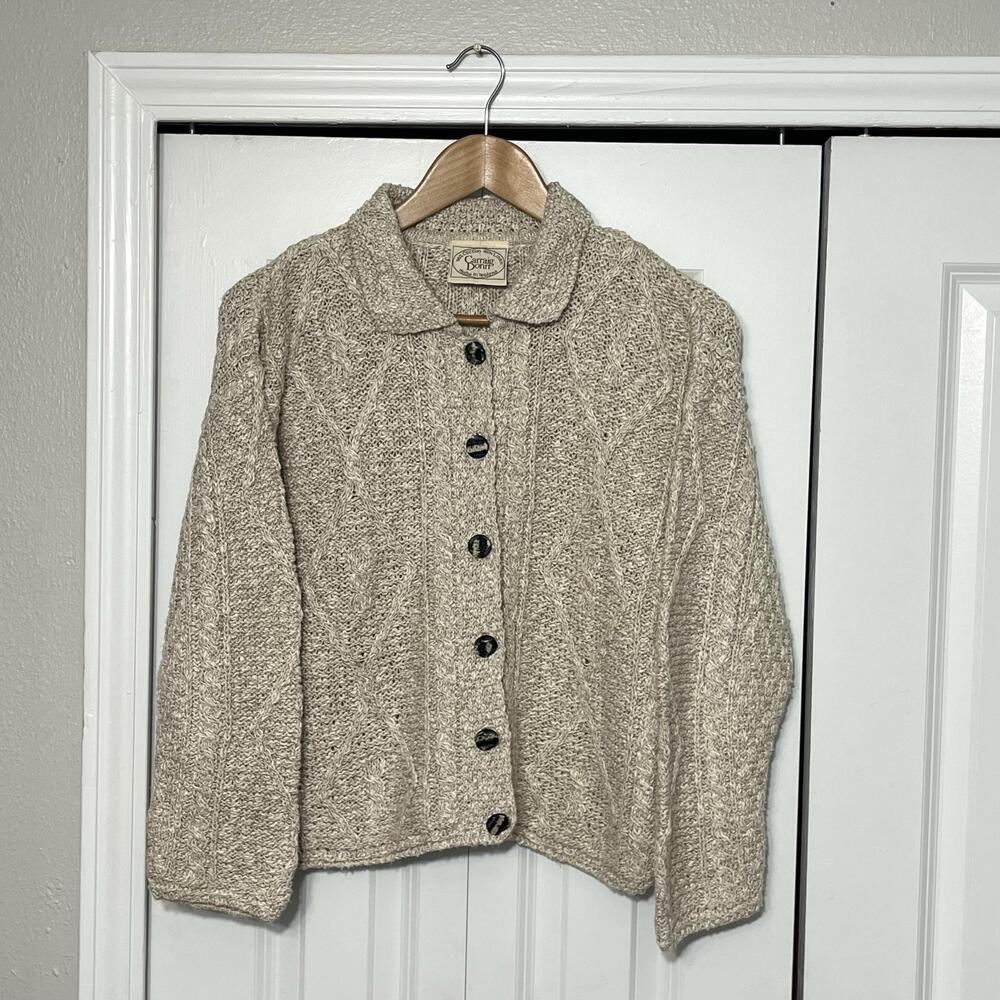 Carraig Donn Merino Cardigan Sweater Women Small Cotton Linen Cable Knit Ireland